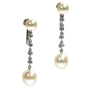 Platinum diamond and pearl long pendent earrings screws with safety system